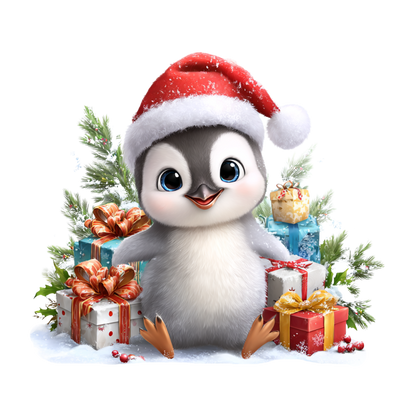A cute cartoon penguin wearing a red Santa hat, surrounded by wrapped Christmas gift boxes and evergreen branches on a white background.