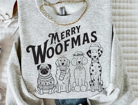Merry Woofmas graphic Christmas sweatshirt for dog lovers in festive holiday style