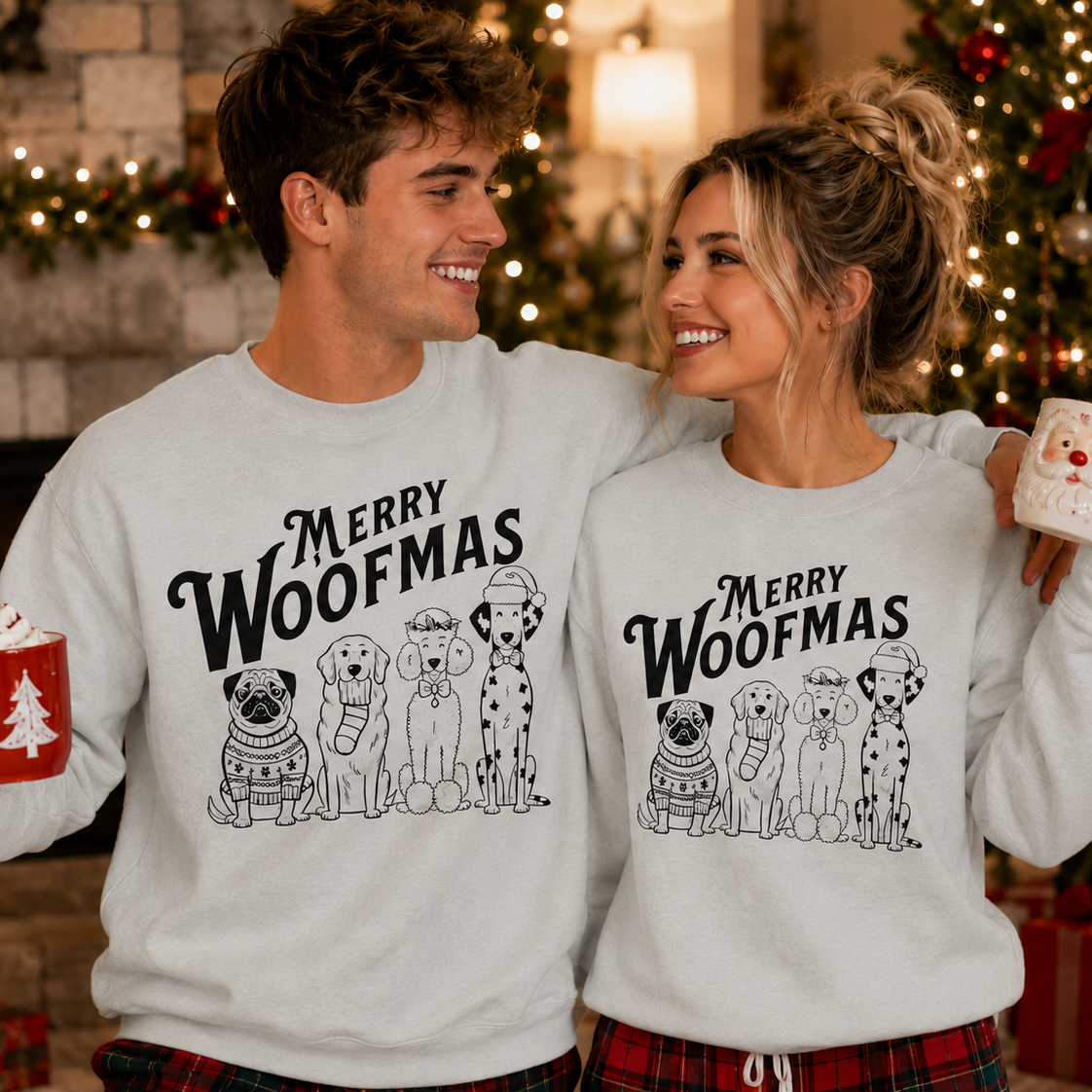 A man and a woman wearing matching white Christmas sweatshirts with 'Merry Woofmas' text and dog illustrations, posed in front of a decorated holiday tree and fireplace.
