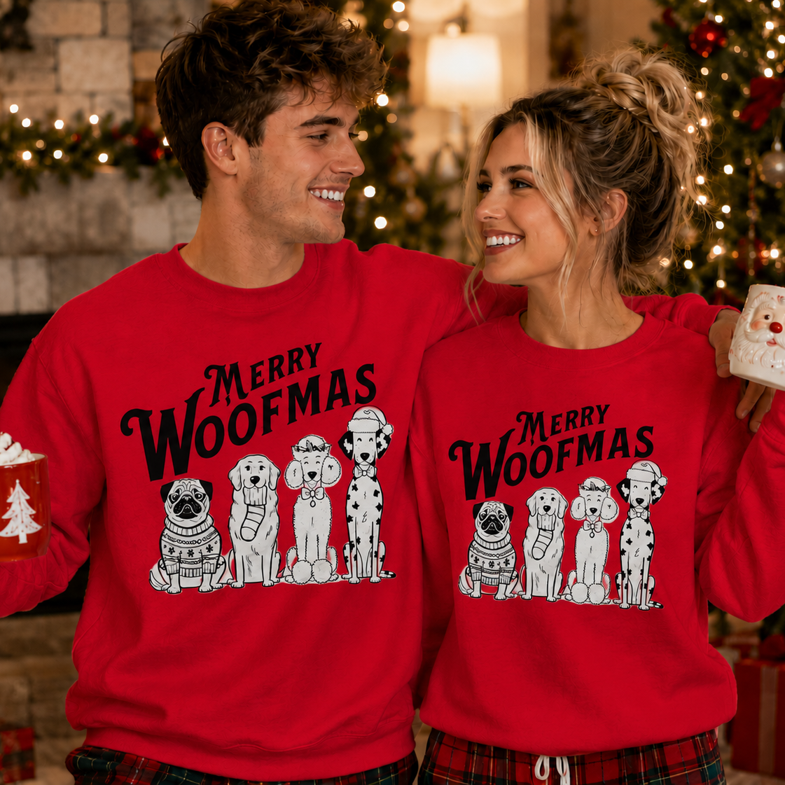 A man and a woman wearing matching red Christmas sweatshirts with 'Merry Woofmas' and cartoon dog graphics, posed in front of a decorated Christmas tree and fireplace.