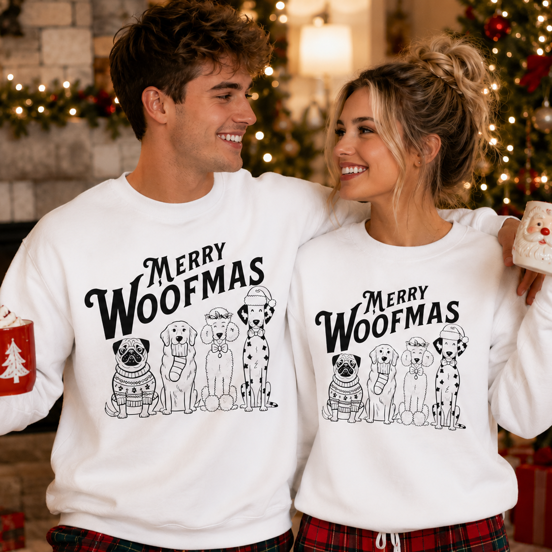A man and a woman wearing matching white crewneck sweatshirts with 'Merry Woofmas' text and dog illustrations, posed in a festive holiday setting with Christmas trees and gifts in the background.