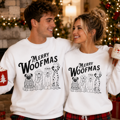 A man and a woman wearing matching white crewneck sweatshirts with 'Merry Woofmas' text and dog illustrations, posed in a festive holiday setting with Christmas trees and gifts in the background.