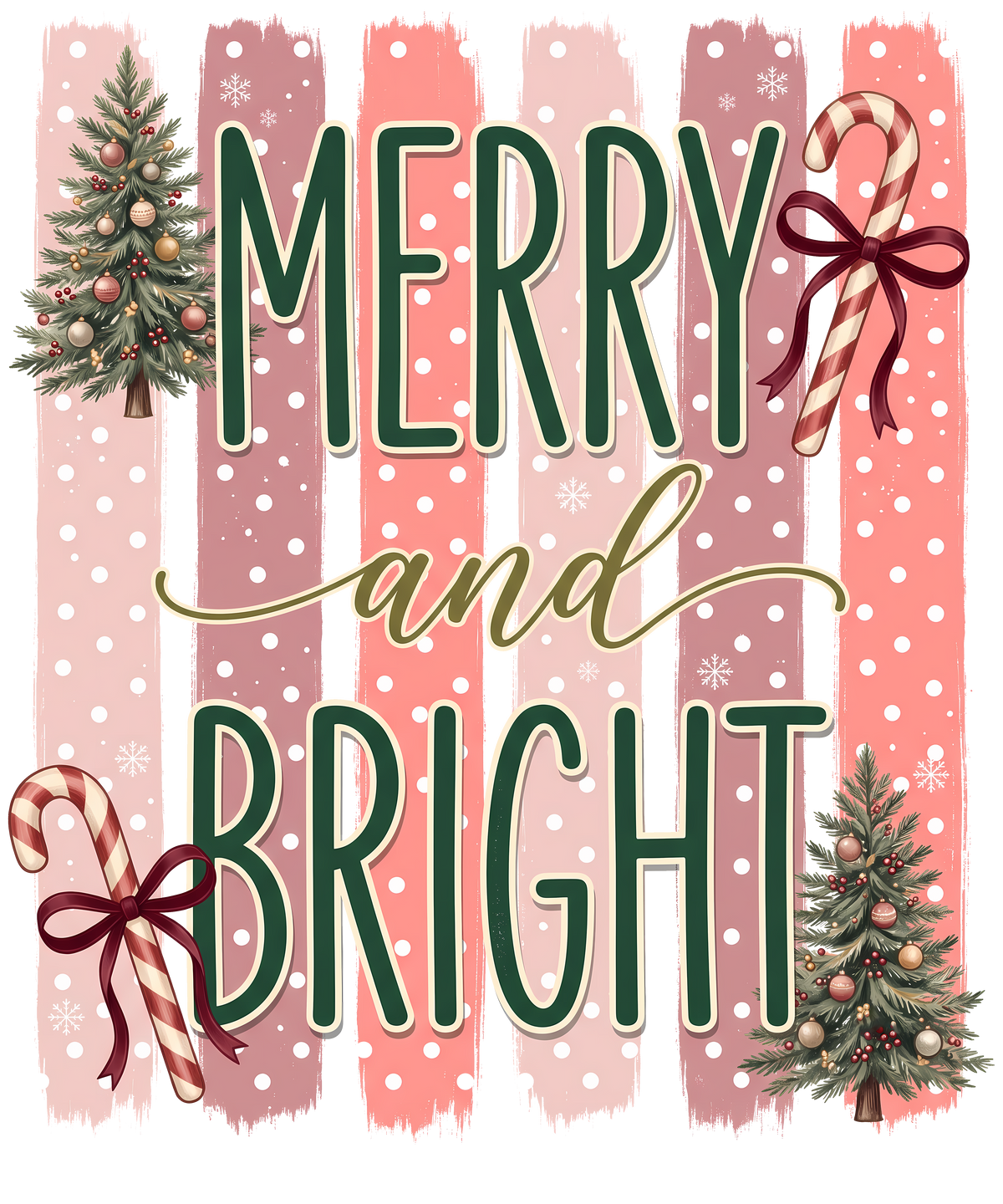 Merry and Bright Christmas graphic with striped pink and coral background, white polka dots, green lettering, candy canes with red bows, and two decorated Christmas trees.