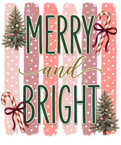 Merry and Bright Christmas graphic with striped pink and coral background, white polka dots, green lettering, candy canes with red bows, and two decorated Christmas trees.