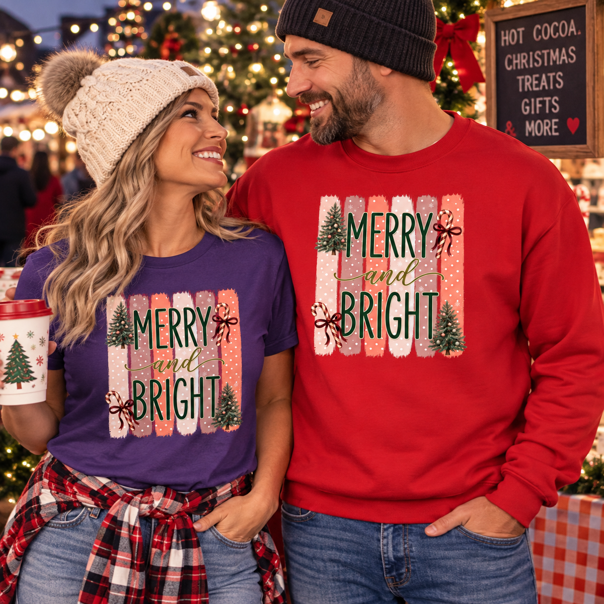 Tow people with the merry & bright graphic design on a shirt