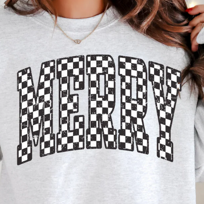 Merry checkered graphic Christmas sweatshirt in festive holiday style