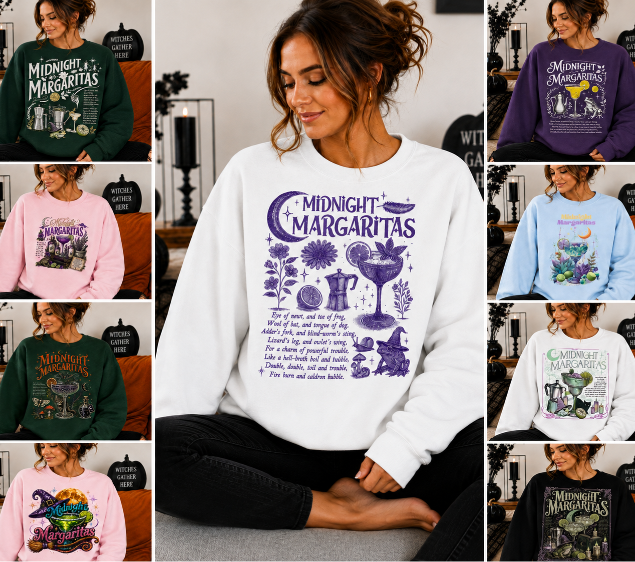A collage showing a woman modeling a 'Midnight Margaritas' graphic sweatshirt in multiple colors. The central, largest view shows her wearing a white sweatshirt with a purple graphic, surrounded by smaller thumbnails of the same design in green, purple, pink, light blue, white, and black.