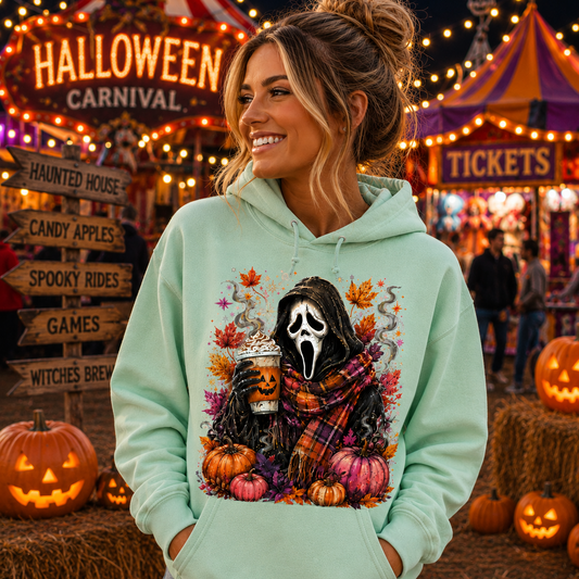 A woman wearing a mint green hoodie with a Ghostface Halloween graphic, standing in a festive carnival setting with jack-o'-lanterns and string lights.