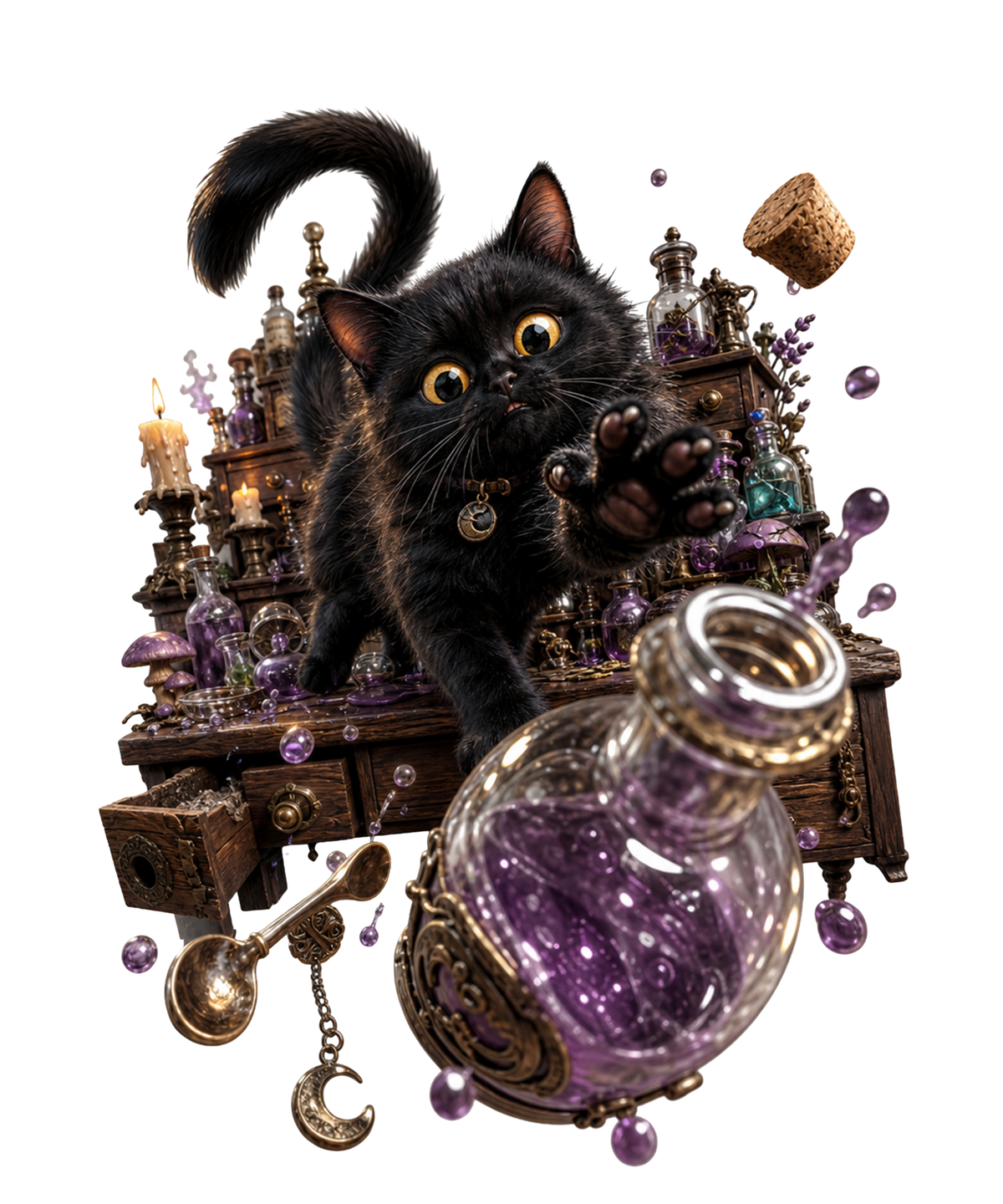 Black cat with apothecary items around it