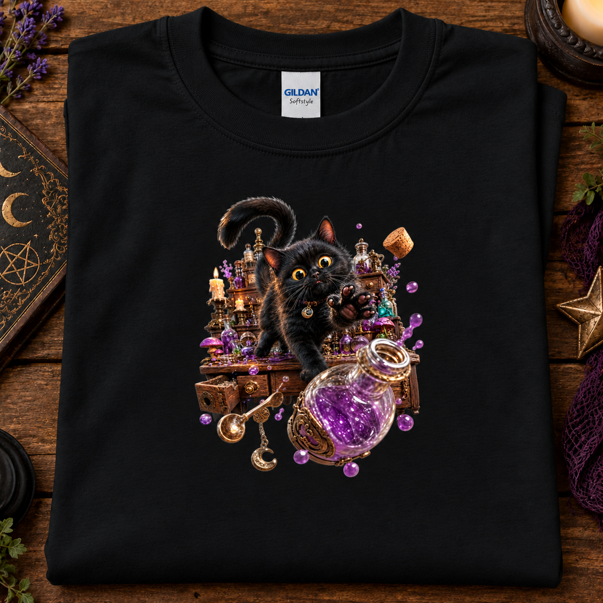 Mischief in the Apothecary 3D Black Cat graphic T-Shirt