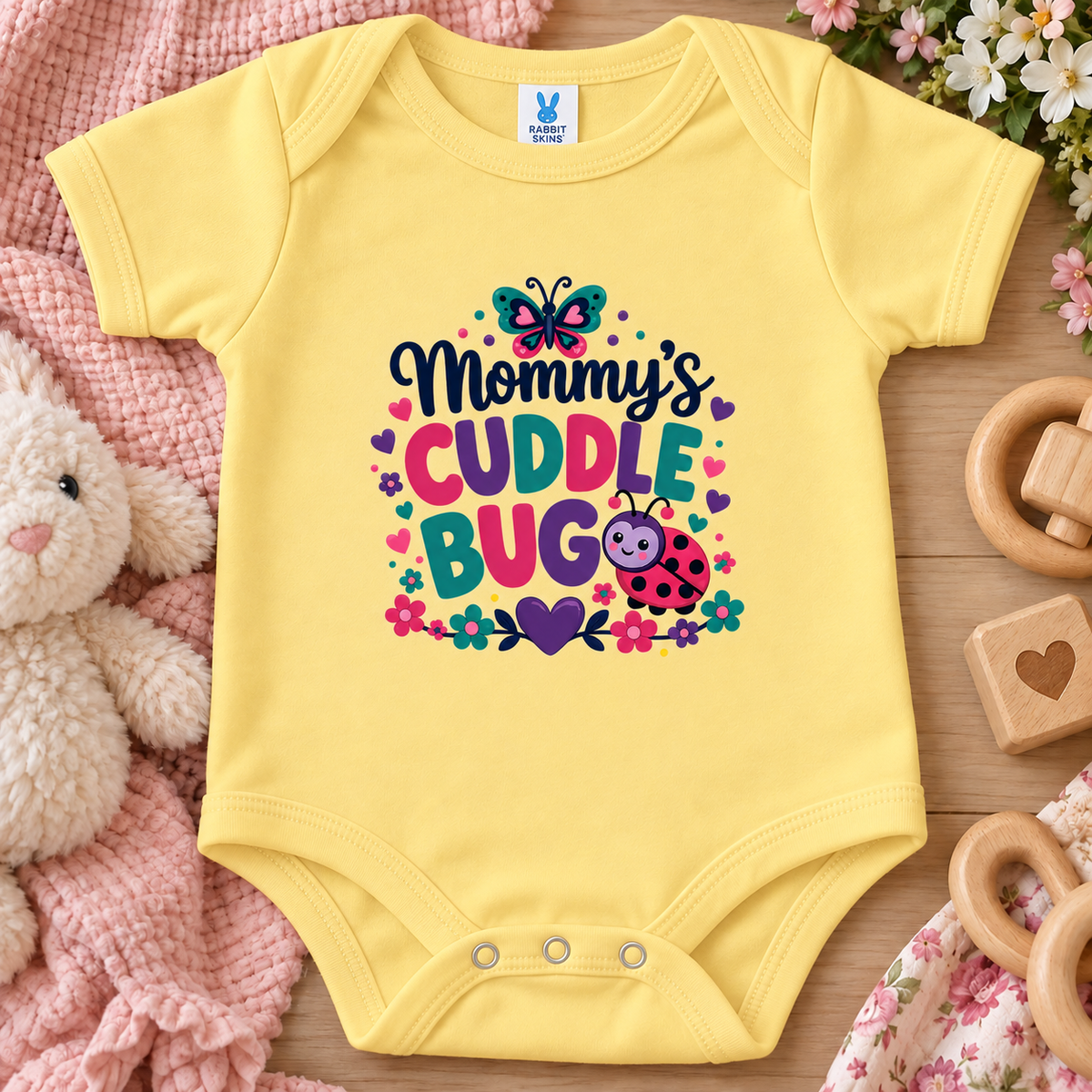 A butter yellow baby bodysuit has a colorful graphic reading “Mommy’s Cuddle Bug” with a butterfly, flowers, hearts, and a ladybug.