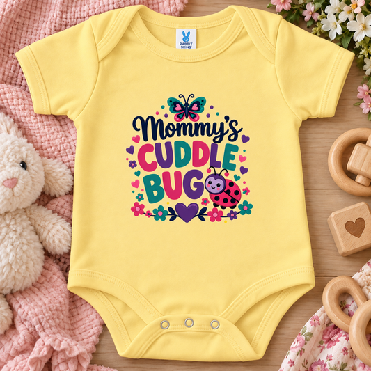 A butter yellow baby bodysuit has a colorful graphic reading “Mommy’s Cuddle Bug” with a butterfly, flowers, hearts, and a ladybug.
