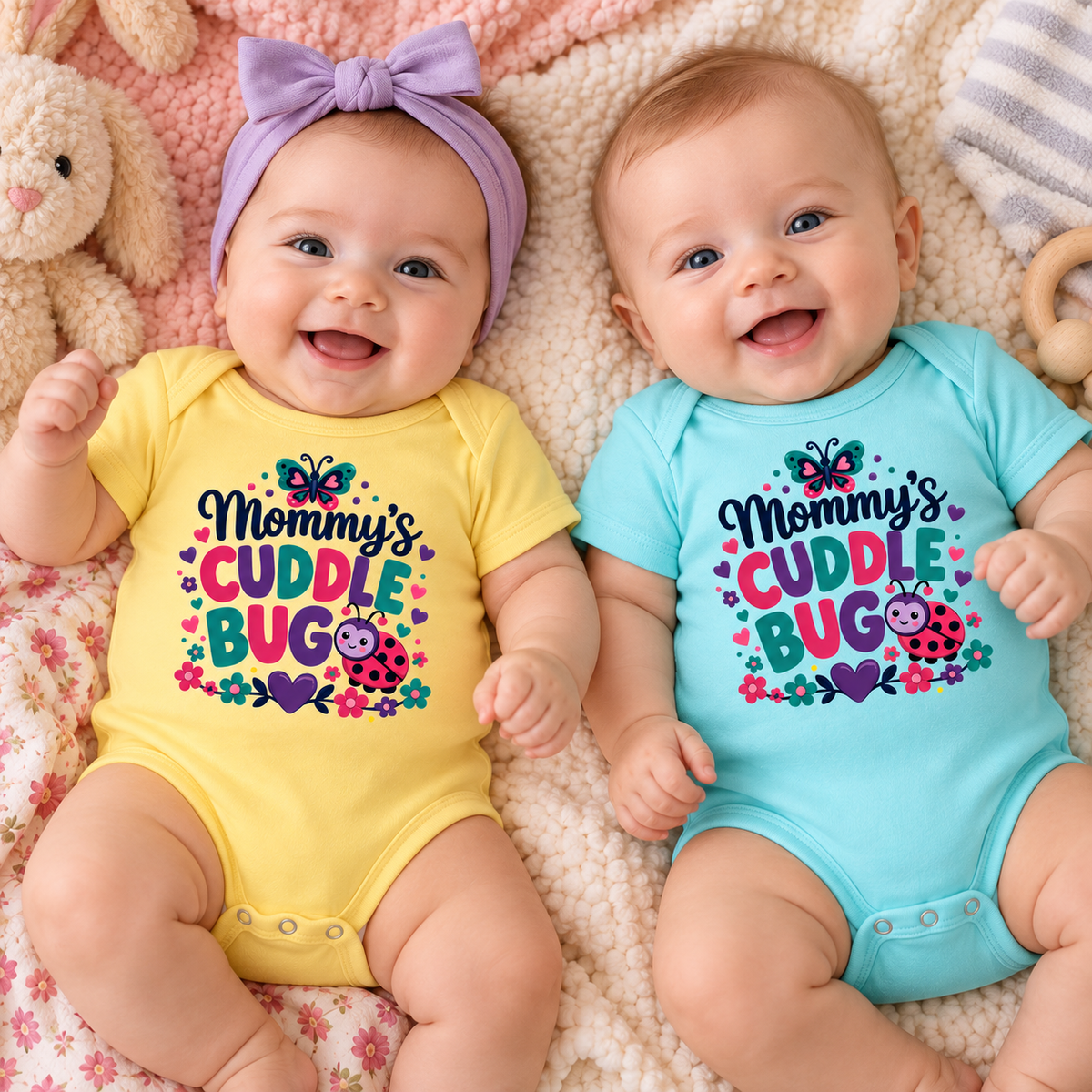 Two smiling babies lying side by side on a soft cream blanket, wearing matching short-sleeve bodysuits with colorful butterfly and ladybug graphics and the text 'Mommy's Cuddle Bug.' One bodysuit is pastel yellow and the other is pastel aqua; both have purple text and accents.