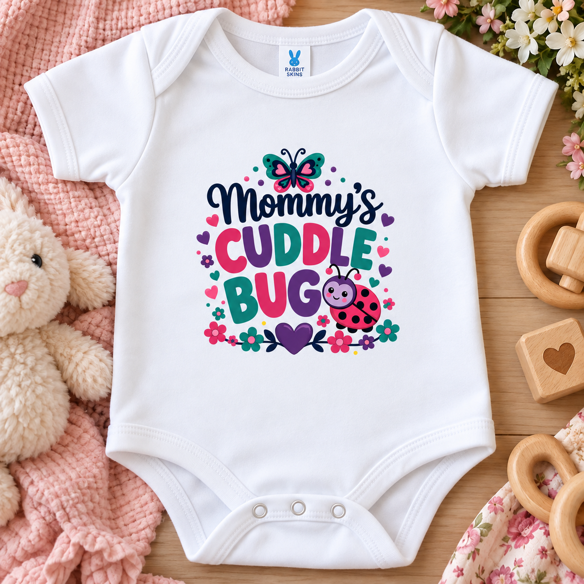 A white baby onesie bodysuit with a colorful graphic reading “Mommy’s Cuddle Bug” with a butterfly, flowers, hearts, and a ladybug.