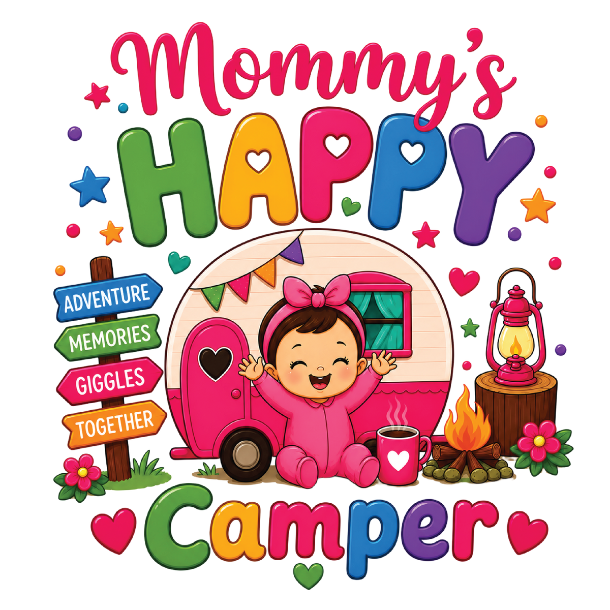 A colorful cartoon-style graphic with the words 'Mommy's Happy Camper' around a smiling child in a pink outfit sitting beside a pink camper trailer, with stars, flowers, a lantern, and directional signs reading 'Adventure', 'Memories', 'Giggles', and 'Together'.