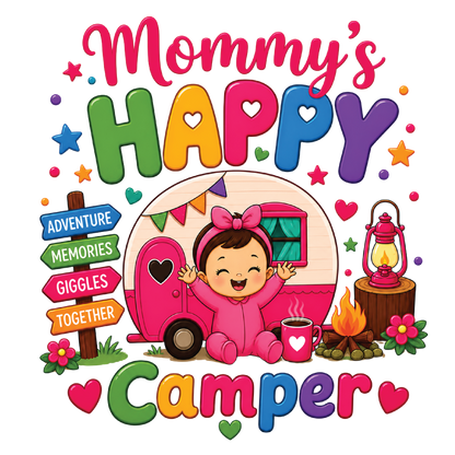 A colorful cartoon-style graphic with the words 'Mommy's Happy Camper' around a smiling child in a pink outfit sitting beside a pink camper trailer, with stars, flowers, a lantern, and directional signs reading 'Adventure', 'Memories', 'Giggles', and 'Together'.