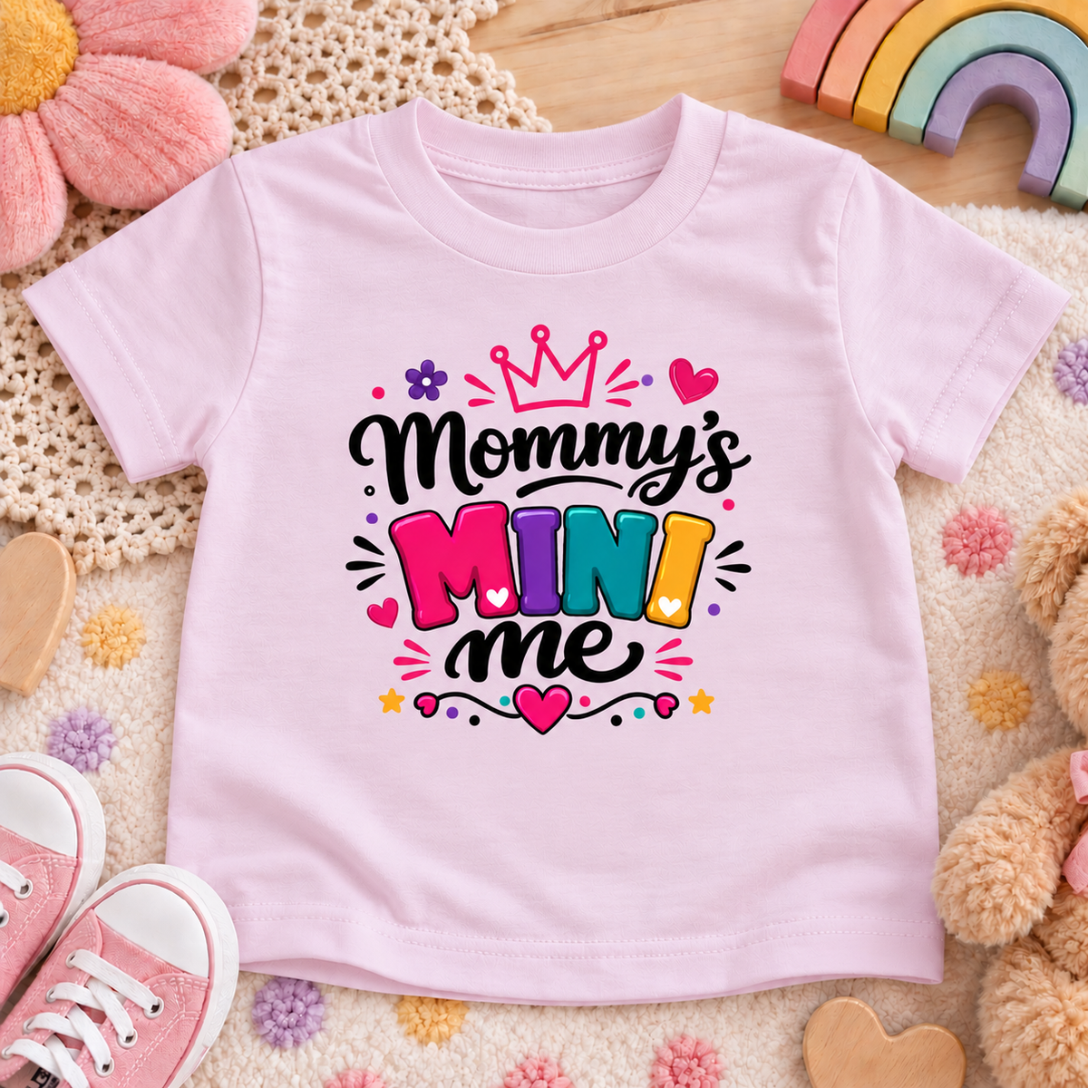 A light pink short-sleeve t-shirt with a colorful graphic reading 'Mommy's Mini Me' surrounded by hearts, stars, and a crown, laid flat on a cozy beige blanket with toys and pink shoes around it.
