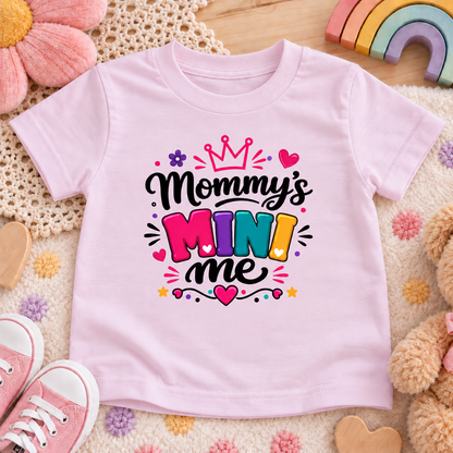 A light pink short-sleeve t-shirt with a colorful graphic reading 'Mommy's Mini Me' surrounded by hearts, stars, and a crown, laid flat on a cozy beige blanket with toys and pink shoes around it.