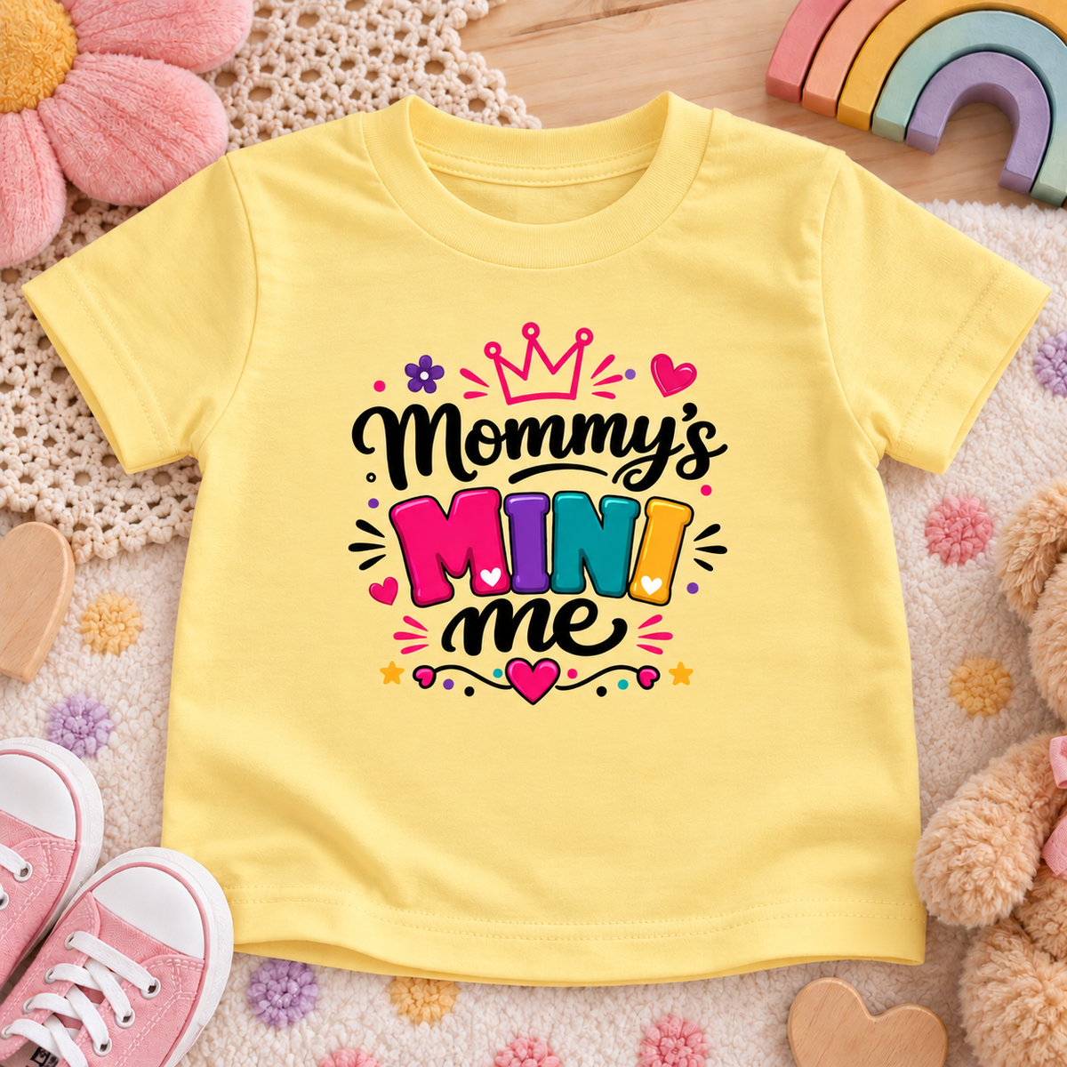A butter yellow short-sleeve kids' T-shirt laid flat on a soft textured blanket with toys and pink shoes around it. The shirt has a colorful graphic reading 'Mommy's Mini Me' with a crown, hearts, stars, and rainbow-style lettering.