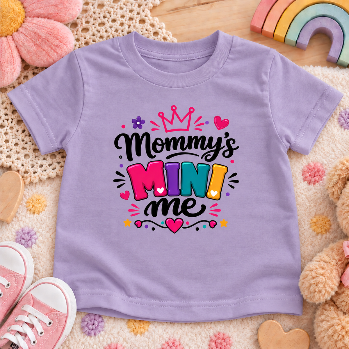 A lavender short-sleeve baby t-shirt with a colorful 'Mommy's Mini Me' graphic, laid flat on a cozy beige blanket surrounded by pink shoes, a crocheted hat, a rainbow toy, and a teddy bear.