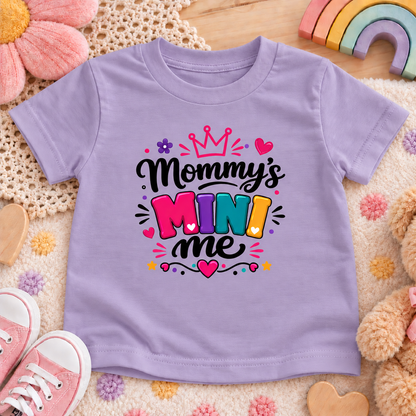 A lavender short-sleeve baby t-shirt with a colorful 'Mommy's Mini Me' graphic, laid flat on a cozy beige blanket surrounded by pink shoes, a crocheted hat, a rainbow toy, and a teddy bear.
