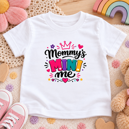 A white short-sleeve kids' T-shirt laid flat on a soft cream surface with toys around it. The shirt has a colorful printed phrase reading 'Mommy's Mini Me' with a crown, hearts, stars, and playful lettering.