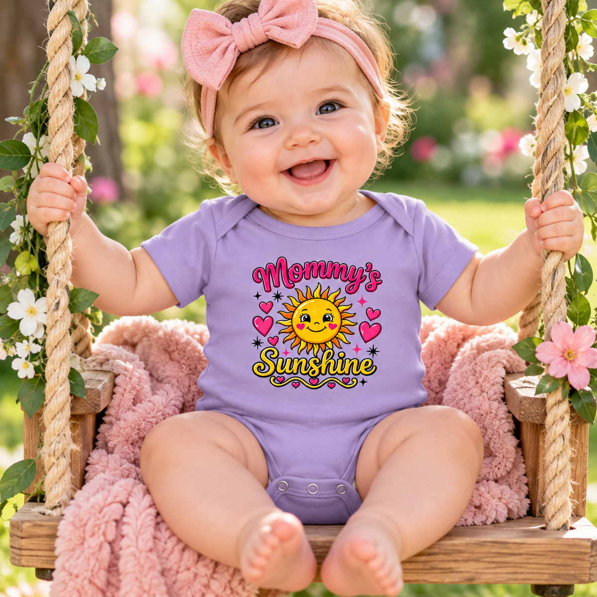 A baby wearing a lavender short-sleeve bodysuit with a 'Mommy's Sunshine' graphic sits on a wooden swing decorated with pink flowers and a pink blanket.