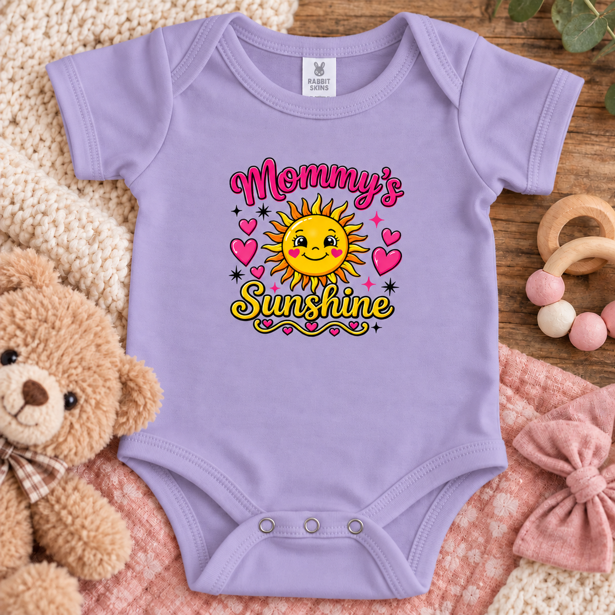 A lavender baby bodysuit with a colorful 'Mommy's Sunshine' graphic, styled in a cozy flat-lay arrangement with a teddy bear, knit blankets, and wooden toys.