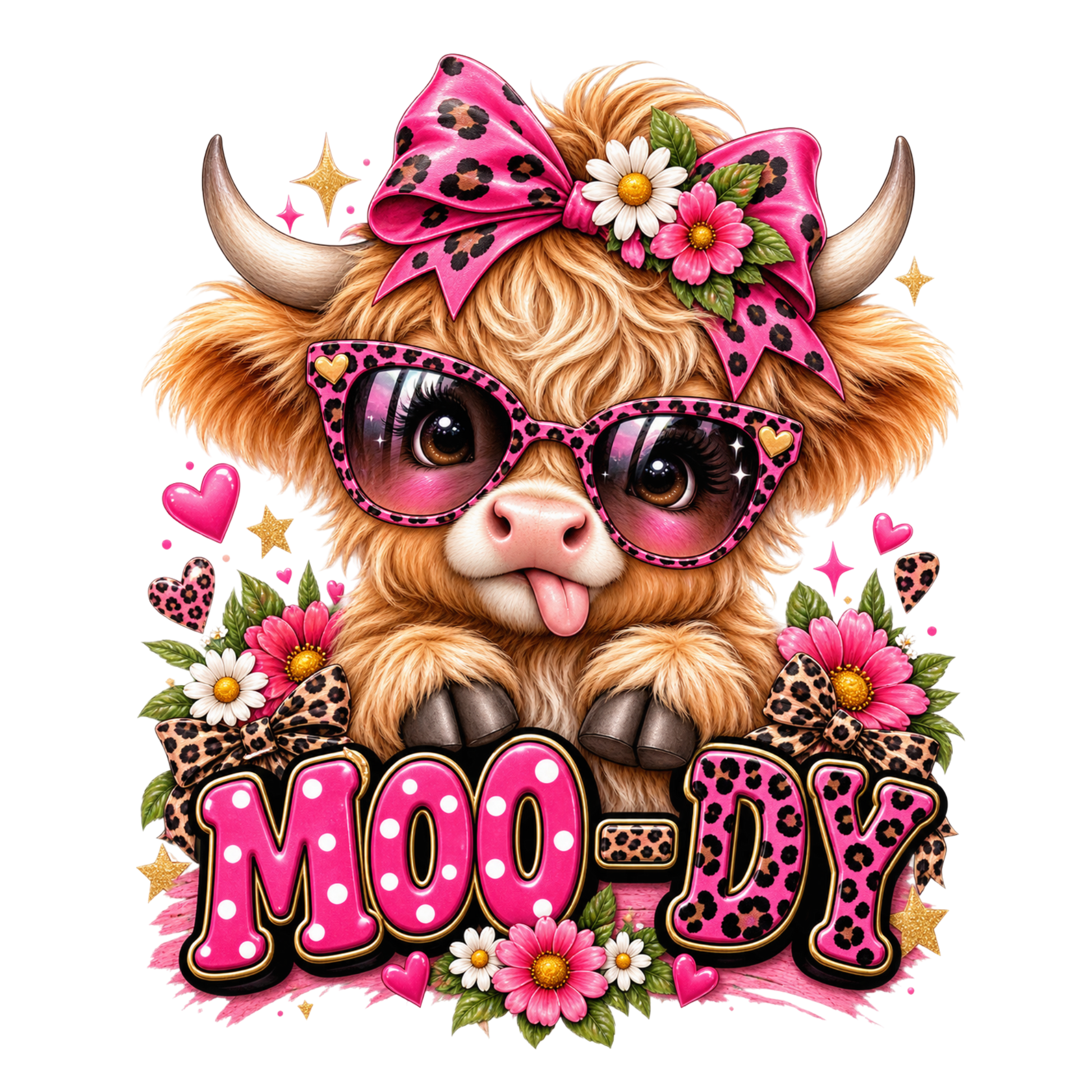 A stylized cartoon cow illustration with pink leopard-print sunglasses, a large pink bow, flowers, hearts, and the word "MOODY" in bold pink lettering on a black background.