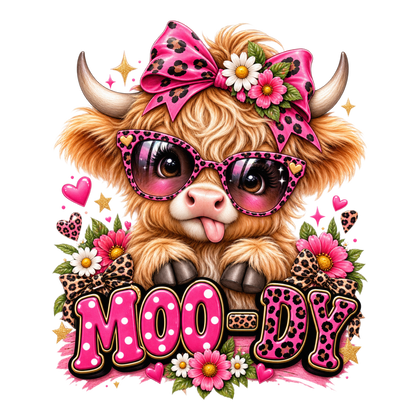 A stylized cartoon cow illustration with pink leopard-print sunglasses, a large pink bow, flowers, hearts, and the word "MOODY" in bold pink lettering on a black background.