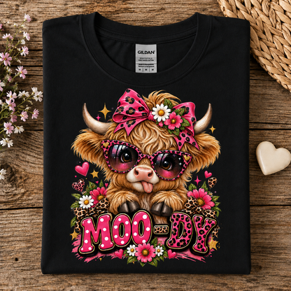 A black Gildan t-shirt laid flat on a rustic wooden surface, featuring a colorful graphic of a fluffy Highland cow wearing pink leopard-print sunglasses and a matching bow, surrounded by flowers and the word 'MOODY' in pink leopard-print letters.