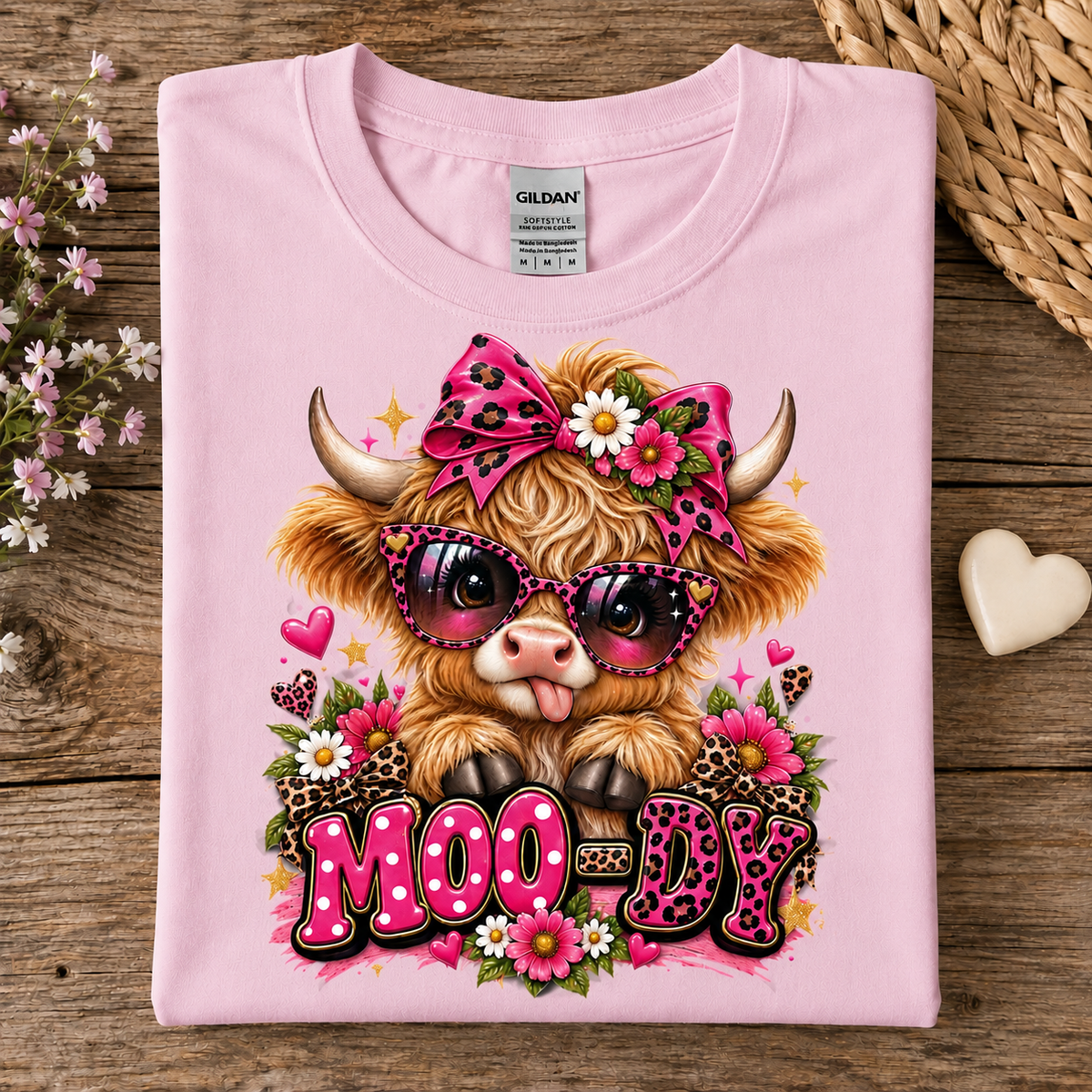 A folded light pink Gildan t-shirt displayed flat on a rustic wooden surface, featuring a colorful graphic of a fluffy Highland cow wearing pink leopard-print sunglasses and a matching bow, surrounded by flowers and the word 'MOODY' in pink lettering.