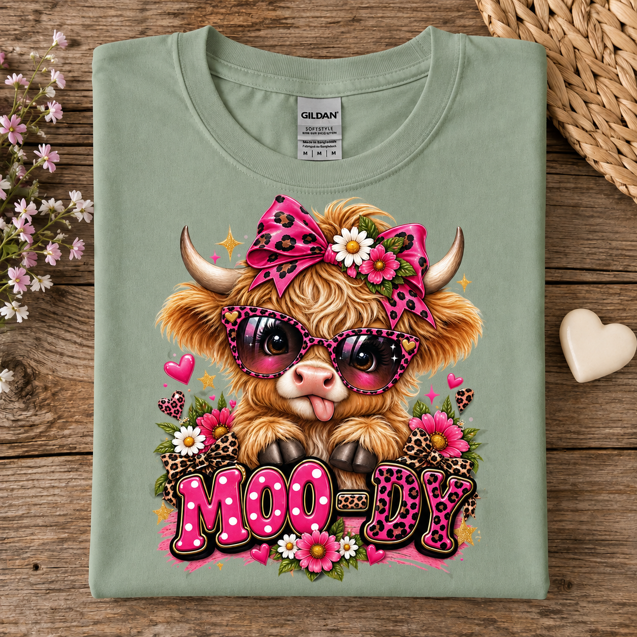 A folded sage green Gildan t-shirt with a colorful graphic of a fluffy Highland cow wearing pink sunglasses and a pink leopard-print bow, surrounded by flowers and the text 'MOODY' in pink, displayed on a rustic wooden background.