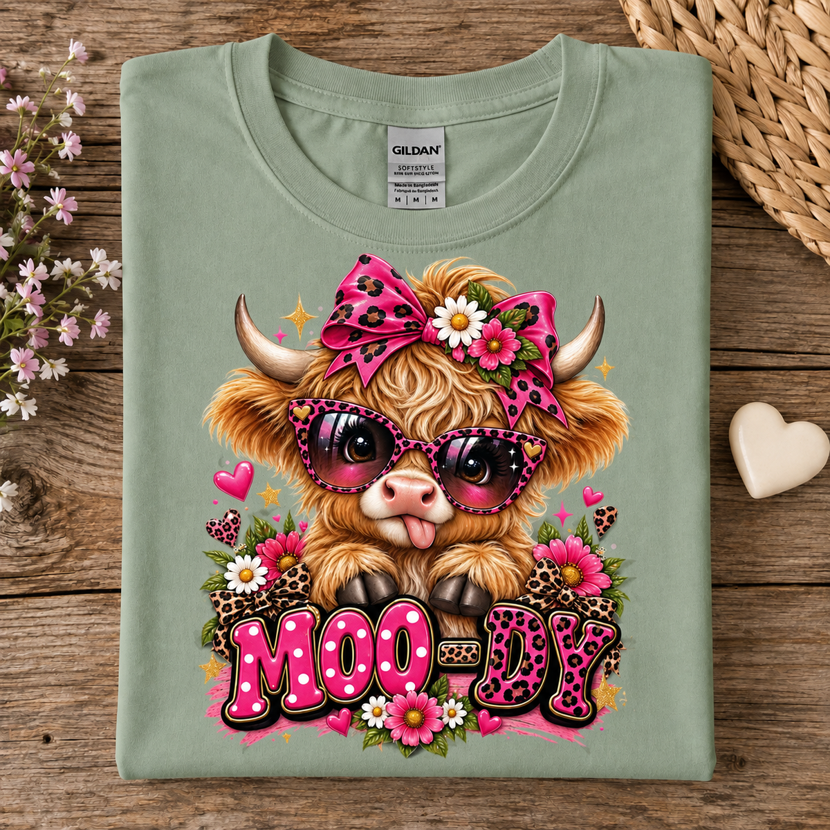 A folded sage green Gildan t-shirt with a colorful graphic of a fluffy Highland cow wearing pink sunglasses and a pink leopard-print bow, surrounded by flowers and the text 'MOODY' in pink, displayed on a rustic wooden background.