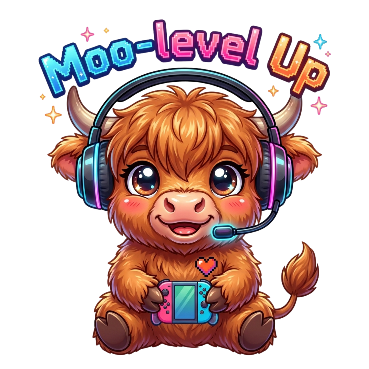 A cute highland cow character with large eyes, wearing a headset and holding a game controller, under the text 'Moo-level Up' on a black background.