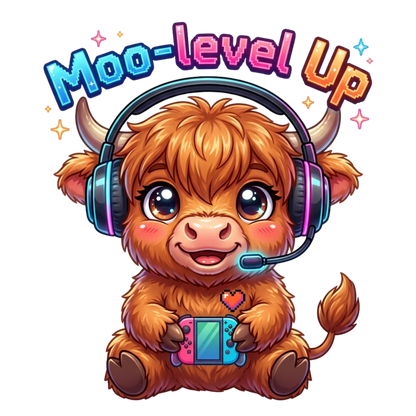 A cute highland cow character with large eyes, wearing a headset and holding a game controller, under the text 'Moo-level Up' on a black background.