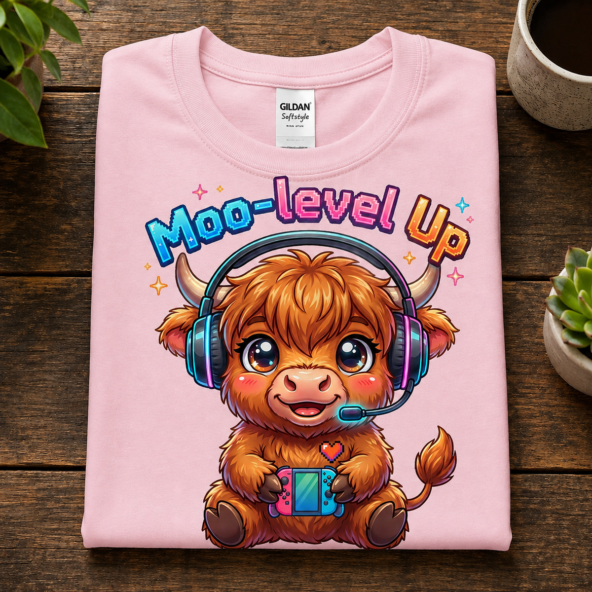 A folded light pink Gildan Softstyle T-shirt is displayed flat on a dark wooden surface. The shirt features a colorful graphic of a cute cartoon Highland cow wearing blue gaming headphones and holding a pink and blue game controller, with the text 'Moo-level Up' above it.
