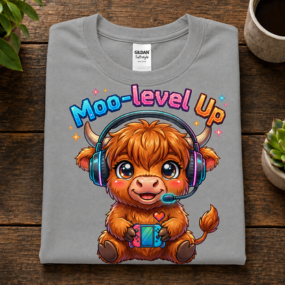 A folded sport gray Gildan Softstyle T-shirt is displayed on a dark wooden surface. The shirt features a colorful graphic of a cute cartoon Highland cow wearing blue and pink gaming headphones and holding a game controller, with the text 'Moo-level Up' above it.