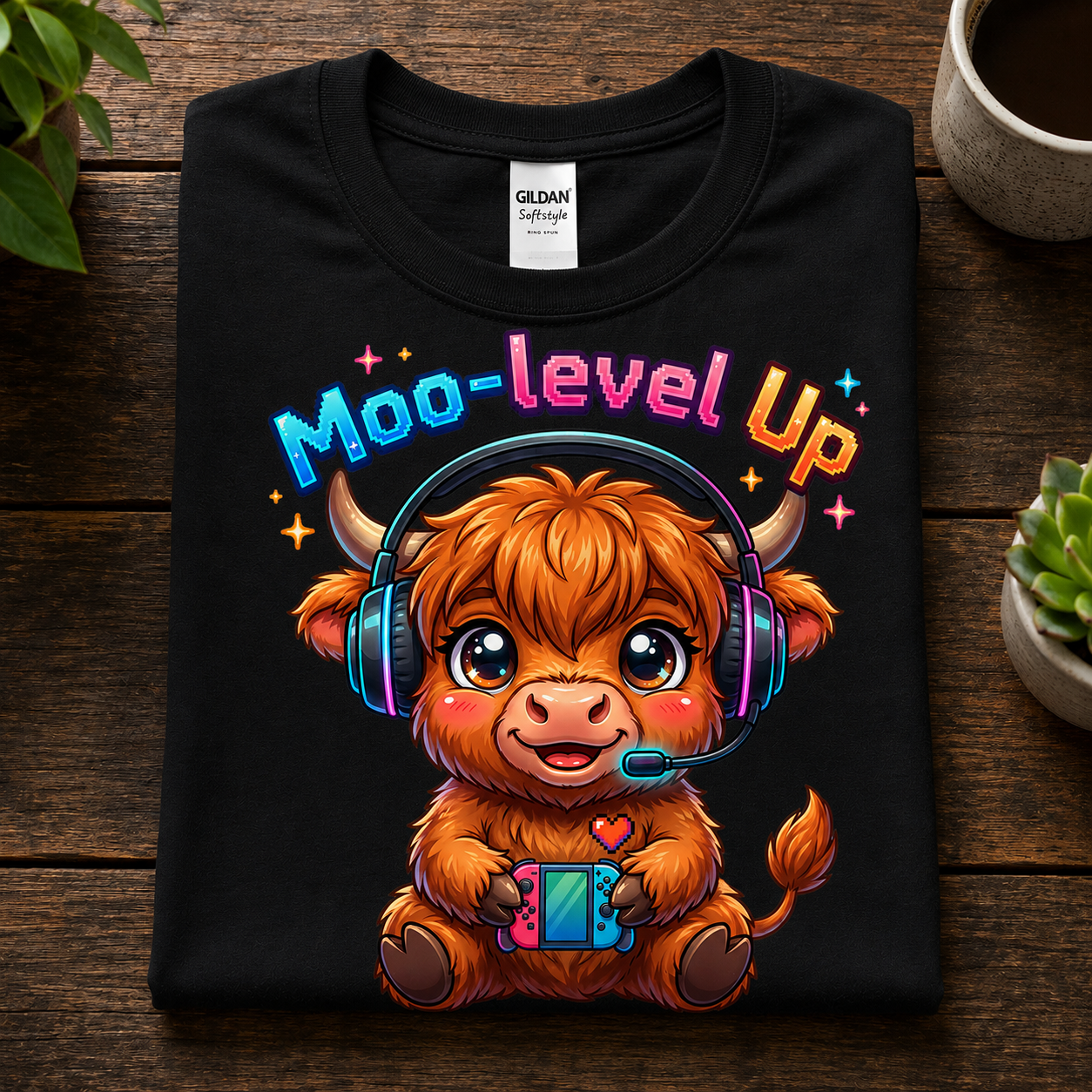 A black Gildan Softstyle t-shirt laid flat on a dark wood surface, featuring a colorful cartoon Highland cow wearing headphones and holding a game controller under the text 'Moo-level Up'.
