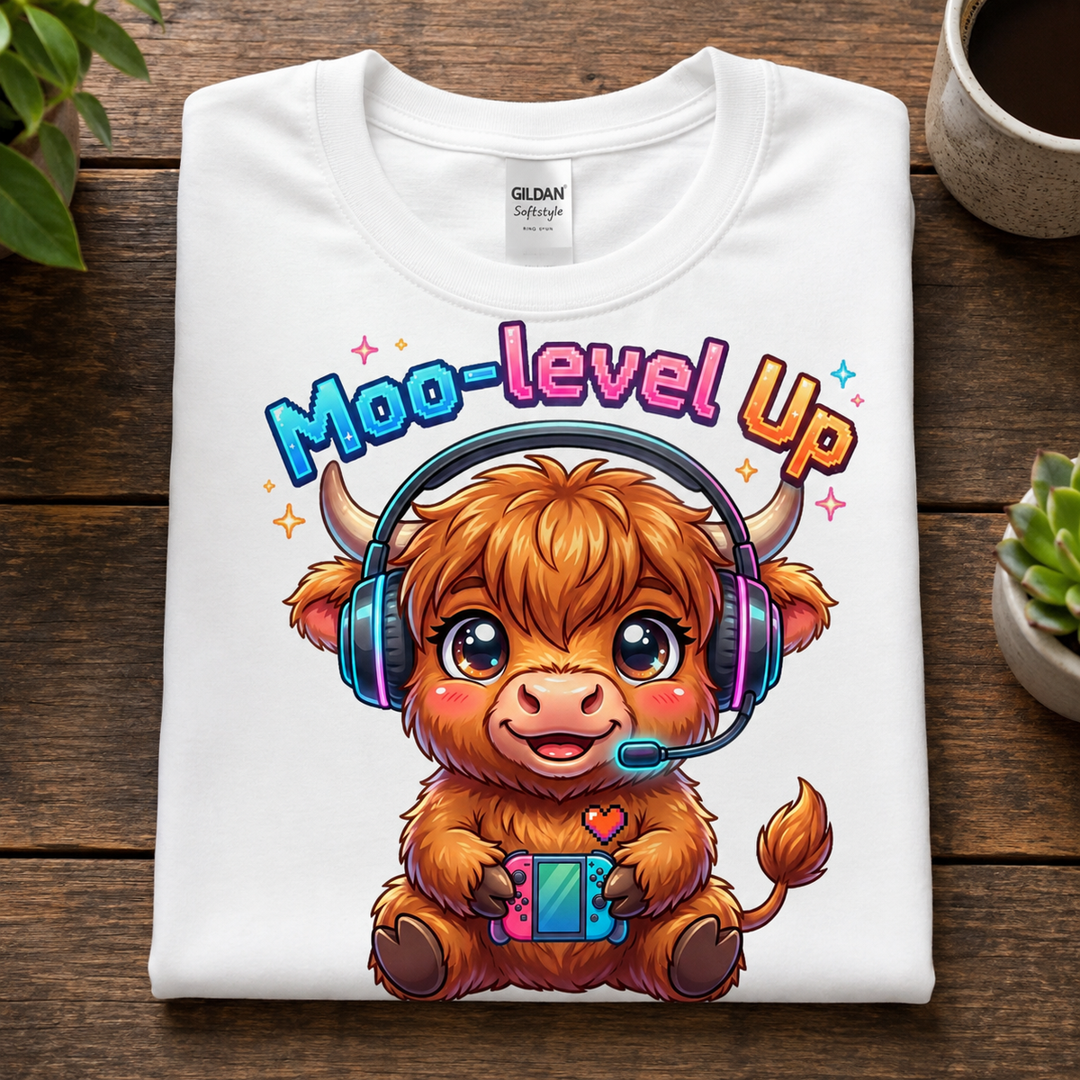 A folded white Gildan t-shirt displayed flat on a dark wooden surface, featuring a colorful graphic of a cute cartoon Highland cow wearing headphones and holding a game controller under the text 'Moo-level Up'.