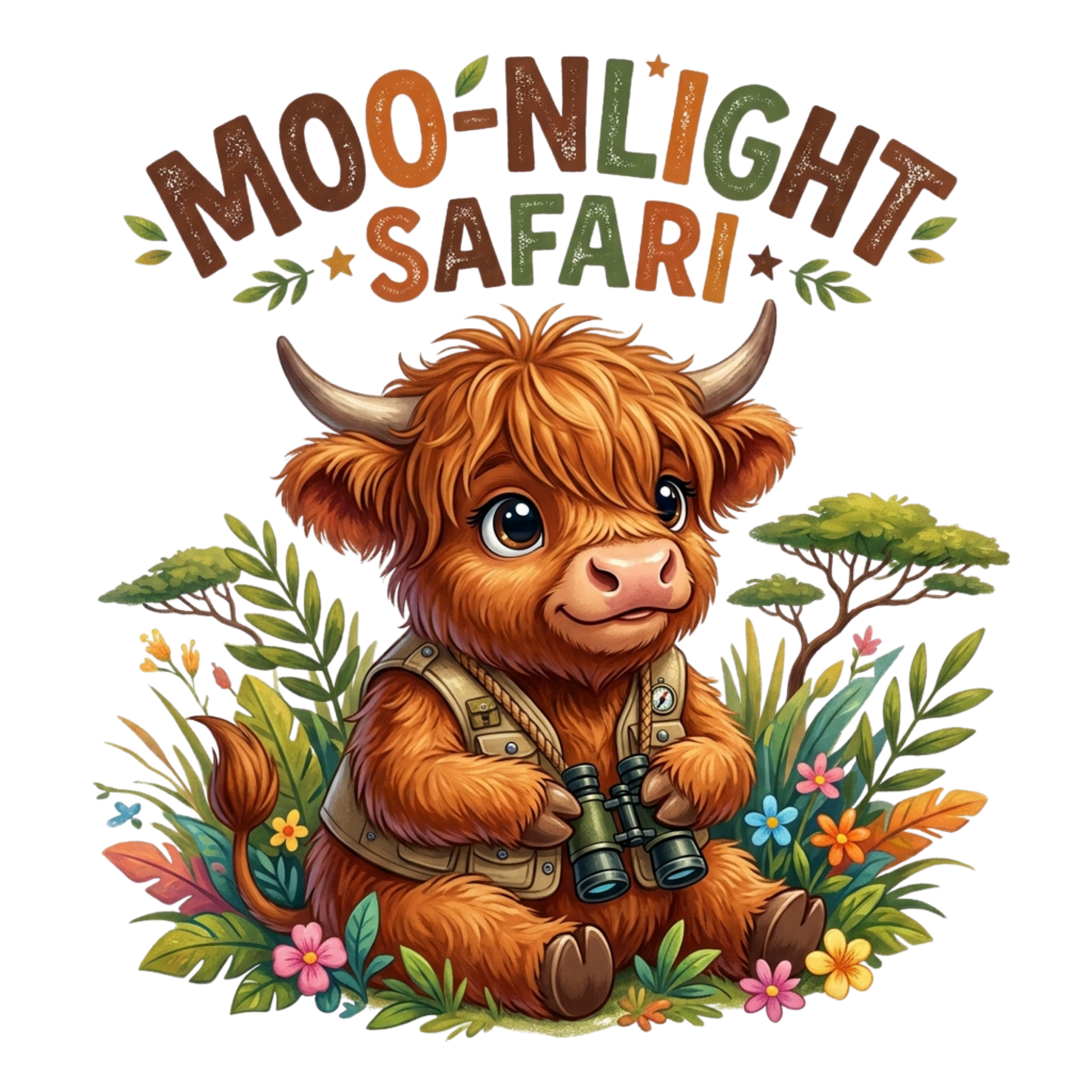 A fluffy orange-brown highland cow with horns, wearing a safari vest and holding binoculars, surrounded by tropical leaves, flowers, and trees. Above the illustration is the text 'MOON-LIGHT SAFARI' in decorative brown and green lettering on a white background.