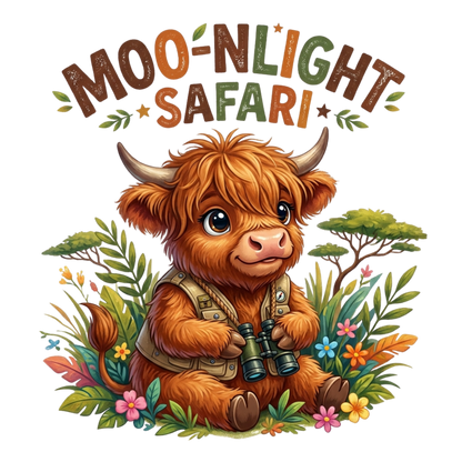 A fluffy orange-brown highland cow with horns, wearing a safari vest and holding binoculars, surrounded by tropical leaves, flowers, and trees. Above the illustration is the text 'MOON-LIGHT SAFARI' in decorative brown and green lettering on a white background.