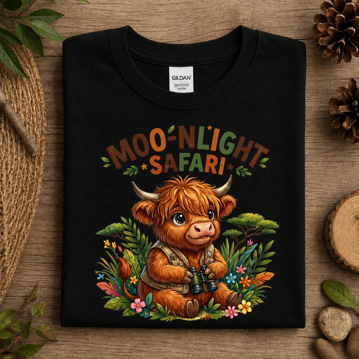 A folded black Gildan t-shirt with a colorful graphic of a cute Highland cow in a safari outfit surrounded by flowers and the text 'MOONLIGHT SAFARI'. The shirt is displayed flat on a rustic wooden background with decorative natural props.