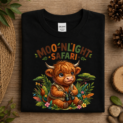 A folded black Gildan t-shirt with a colorful graphic of a cute Highland cow in a safari outfit surrounded by flowers and the text 'MOONLIGHT SAFARI'. The shirt is displayed flat on a rustic wooden background with decorative natural props.
