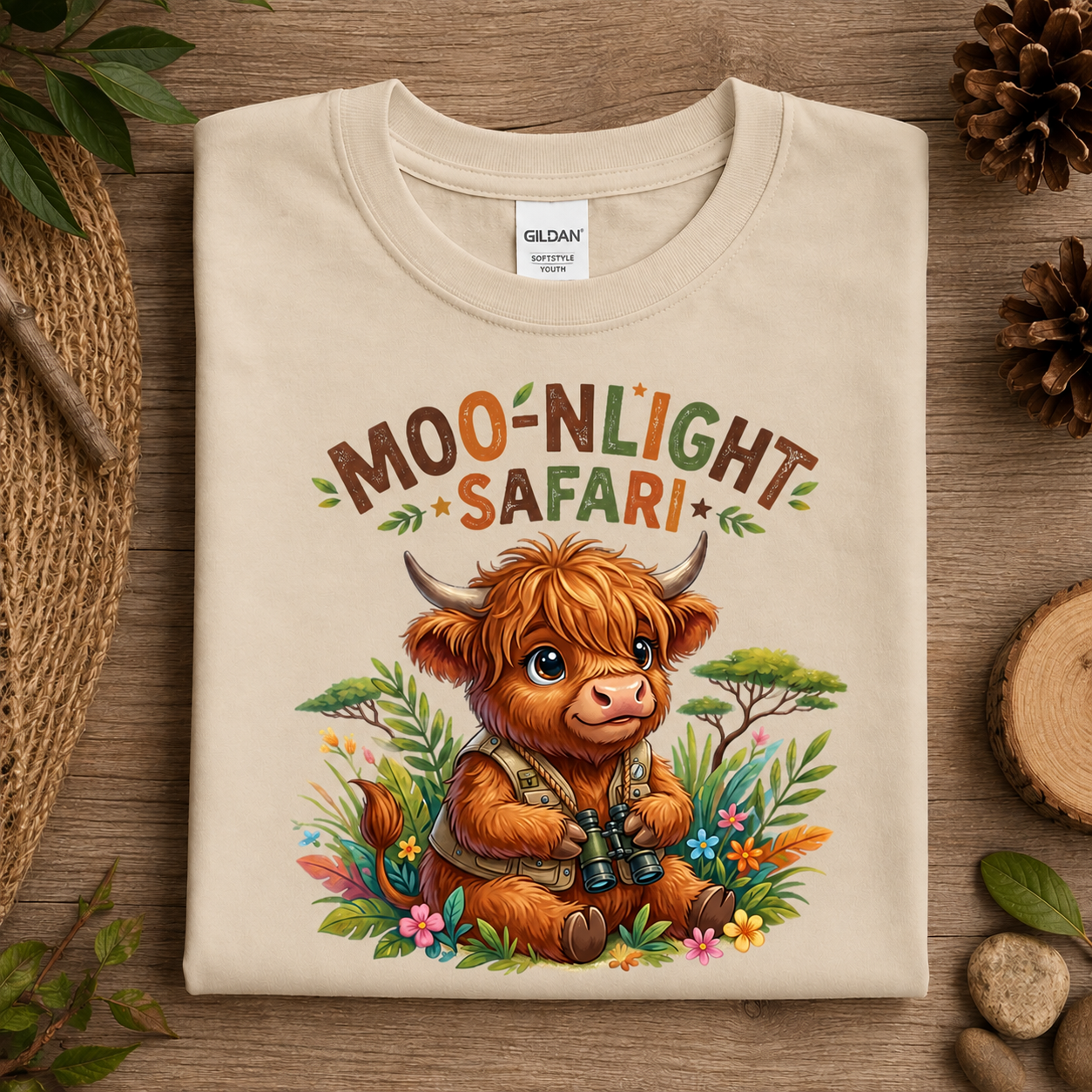 A folded natural Gildan t-shirt with a colorful cartoon illustration of a highland cow holding binoculars under the text 'MOONLIGHT SAFARI'. The shirt is styled in a flat-lay on a rustic wooden surface with pinecones, a woven mat, and small stones.