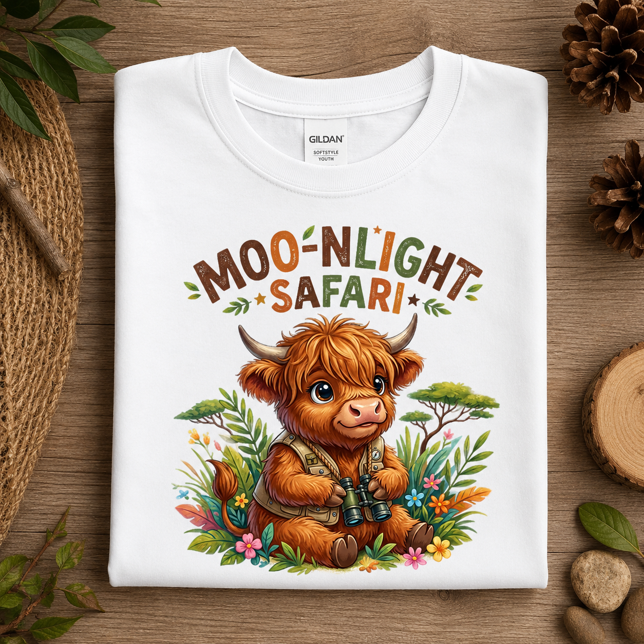 A folded white Gildan t-shirt with a colorful cartoon illustration of a highland cow holding binoculars under the text 'MOONLIGHT SAFARI', displayed on a wooden surface with decorative natural props.
