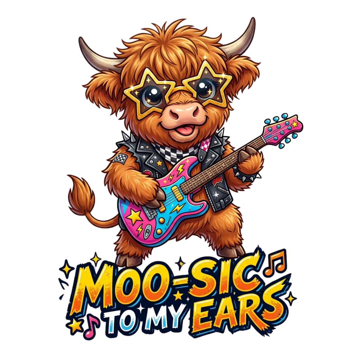 A highland cow wearing star-shaped sunglasses and a black checkered jacket, playing a pink and blue electric guitar. Below the illustration is the stylized text 'MOO-SIC TO MY EARS' on a black background.