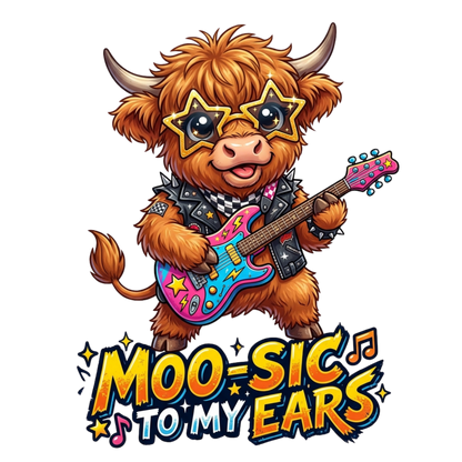 A highland cow wearing star-shaped sunglasses and a black checkered jacket, playing a pink and blue electric guitar. Below the illustration is the stylized text 'MOO-SIC TO MY EARS' on a black background.
