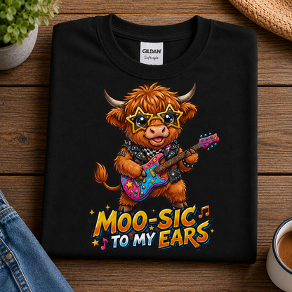 A black Gildan Softstyle t-shirt laid flat on a wooden surface, featuring a cartoon Highland cow playing a colorful guitar with the text 'MOO-SIC TO MY EARS'.