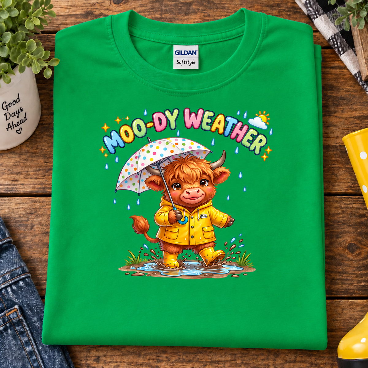 A folded green Gildan Softeye t-shirt with a colorful cartoon graphic of a cow in a raincoat holding an umbrella under the text 'MOO-DY WEATHER'. The shirt is styled on a wooden table with a plant, jeans, and a yellow rain boot.
